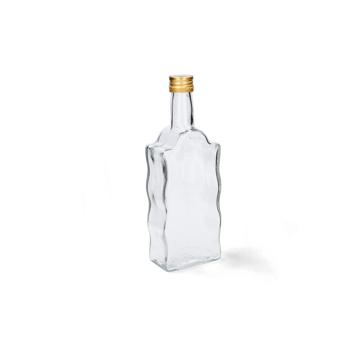 Sticlă elegantă Fala cu capac filetat și capacitate de 200 ml. Potrivită pentru siropuri, lichioruri, băuturi spirtoase și uleiuri.