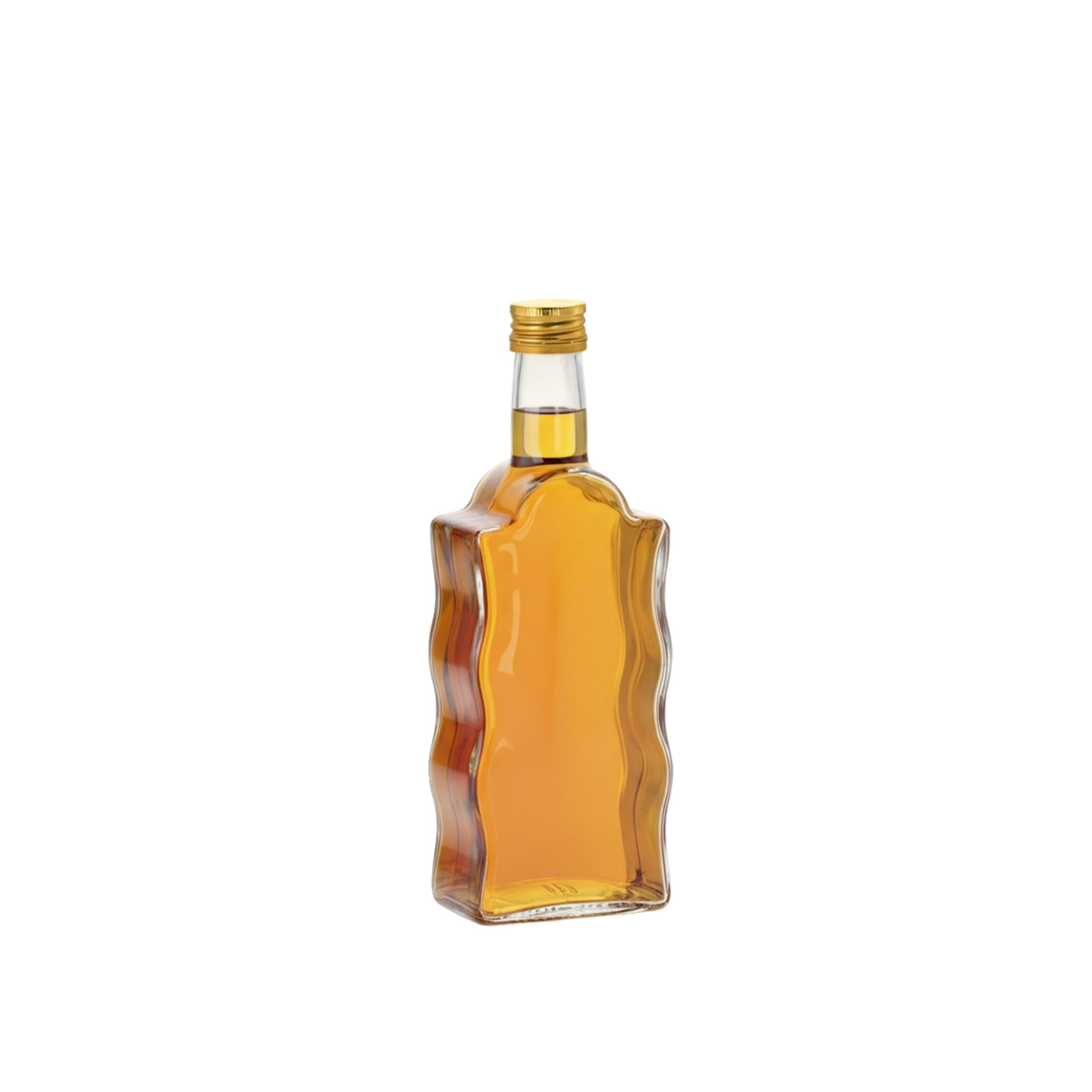 Sticlă elegantă Fala cu capac filetat și capacitate de 200 ml. Potrivită pentru siropuri, lichioruri, băuturi spirtoase și uleiuri.