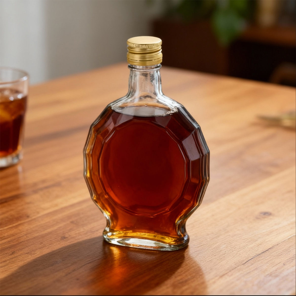 Sticlă transparentă Medailón de 250 ml, cu relief decorativ și capac filetat auriu.