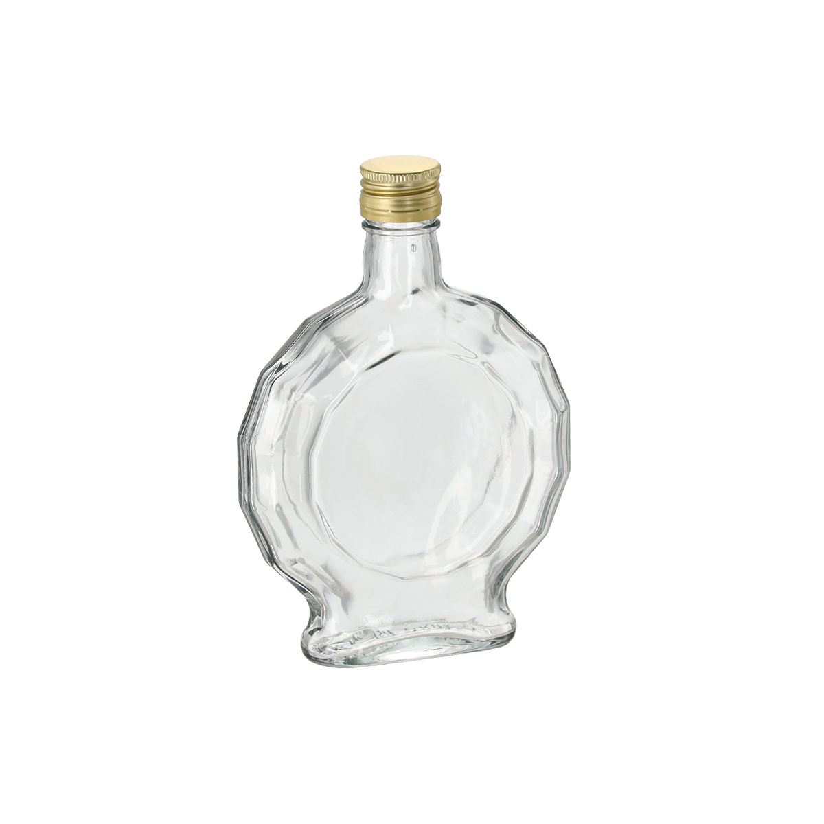 Sticlă transparentă Medailón de 250 ml, cu relief decorativ și capac filetat auriu.