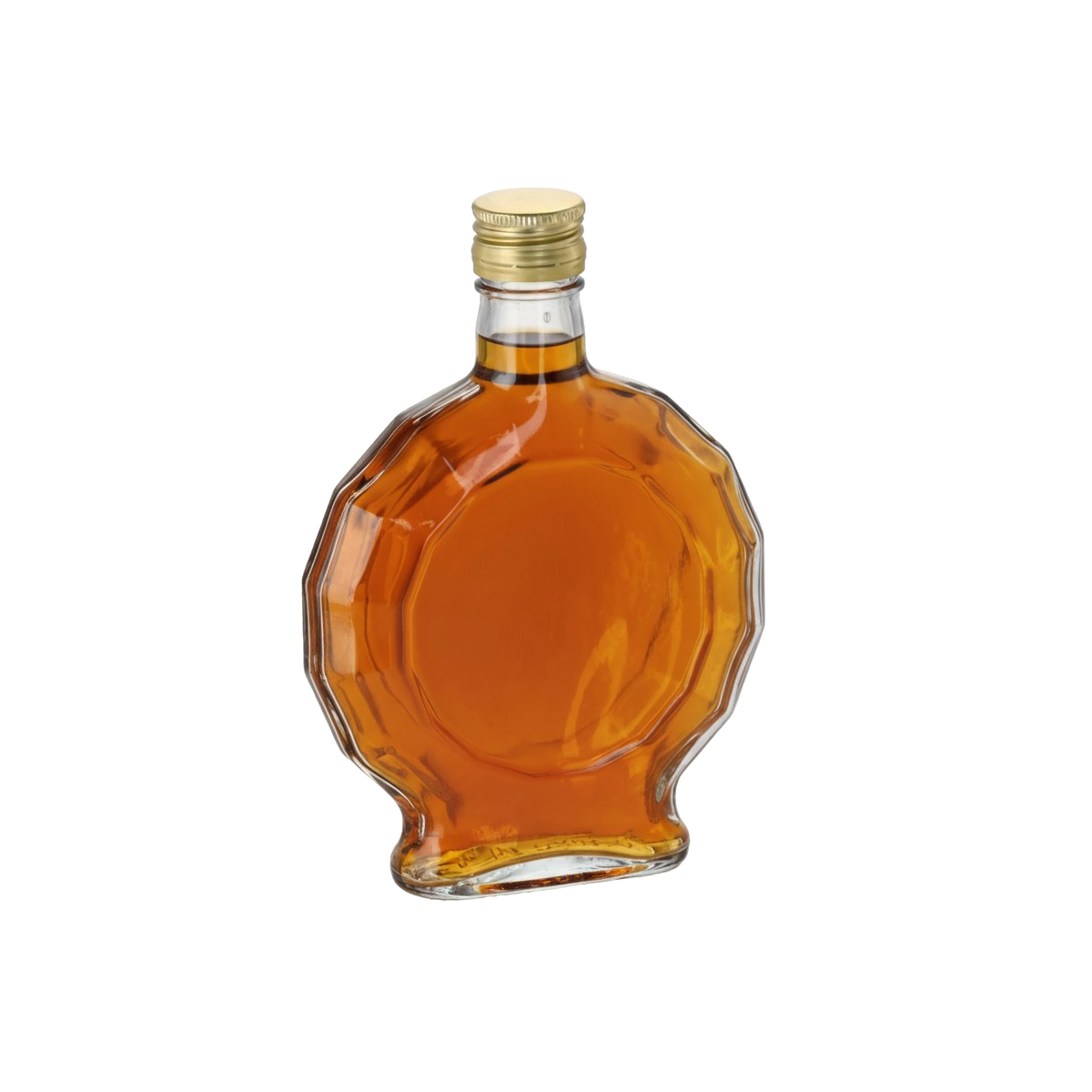 Sticlă transparentă Medailón de 250 ml, cu relief decorativ și capac filetat auriu.