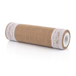 Traversă de masă din iută cu dantelă albă decorativă, dimensiuni 28 × 275 cm, potrivită pentru petreceri, banchete și catering.