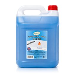 Săpun lichid albastru Vione 5l în canistră transparentă de plastic, capac roșu, parfum mare sidefat.