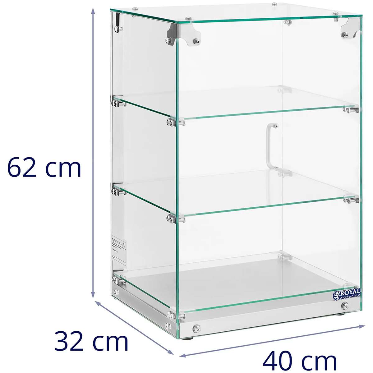 Vitrina din sticlă - 60 l - 3 rafturi | Royal Catering, cu o capacitate de 60 de litri, se pretează de minune în orice restaurant, cofetărie sau cafenea