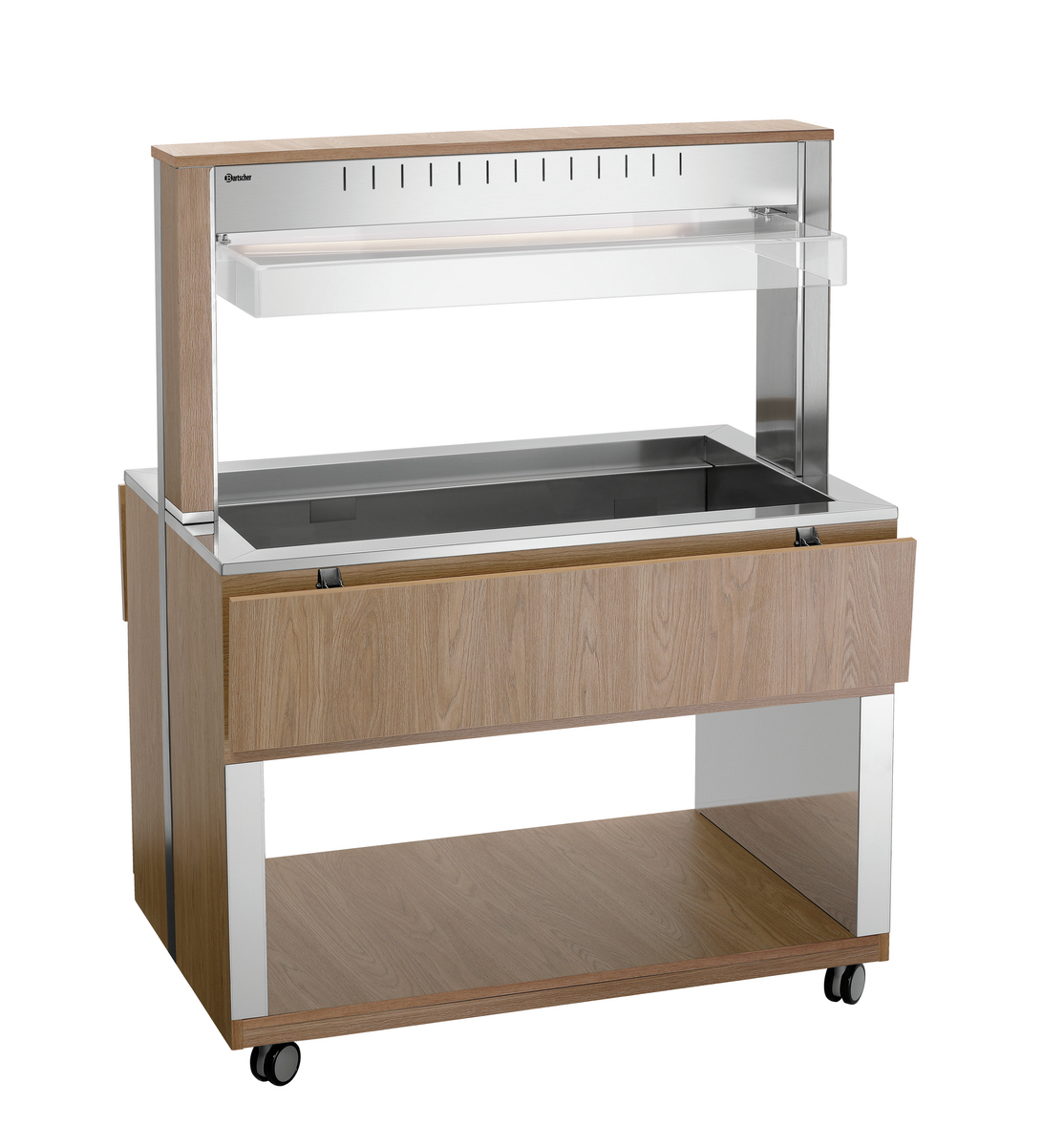 Cărucior bufet W3110-200U | Bartscher 125633, cu design modern din lemn, soluția ideală pentru servirea preparatelor calde în bufete sau cantine.