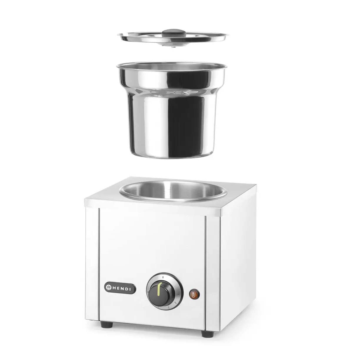 Baia de apă Thermosystem 1 - 4,2 L | Hendi 201107 are 1 recipient emailat pentru apă ø185 mm și este dotată cu un vas pentru supă cu capac ø200 mm.