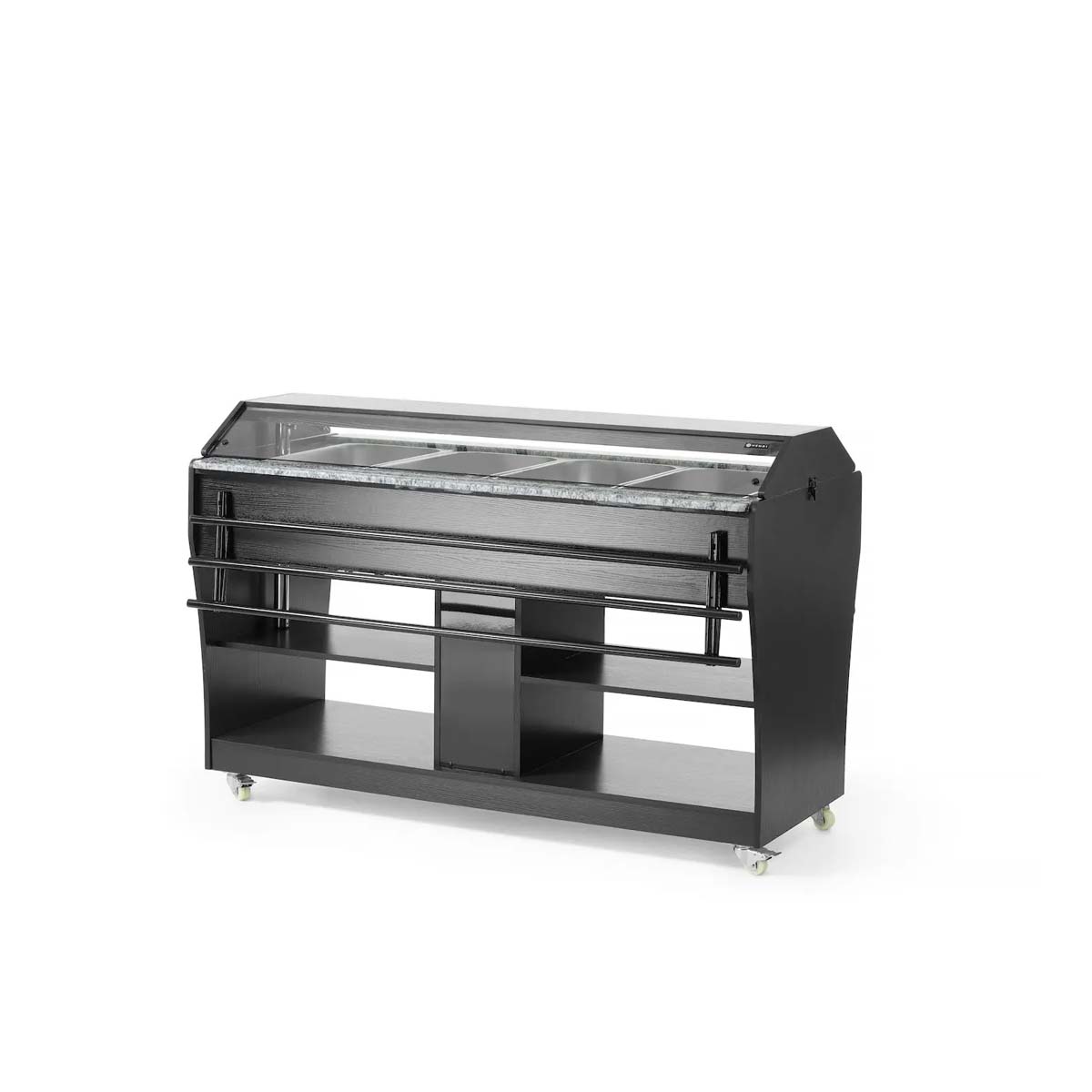 Cărucior bufet 1490x765x1370 mm | Hendi 274064 cu iluminare încorporată și 2 rafturi este destinat prezentării perfecte a preparatelor calde.
