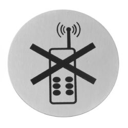 Tăblița pentru ușă cu telefonul mobil interzis Ø 75 mm Hendi 663653, din oțel inoxidabil, marchează zonele fără utilizare a telefonului.