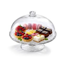 Platoul de servire din sticlă - rotund cu capac 29 cm | CH-DIO8041 este o soluție elegantă pentru servirea stilată a prăjiturilor, fructelor și a diverselor produse de patiserie.