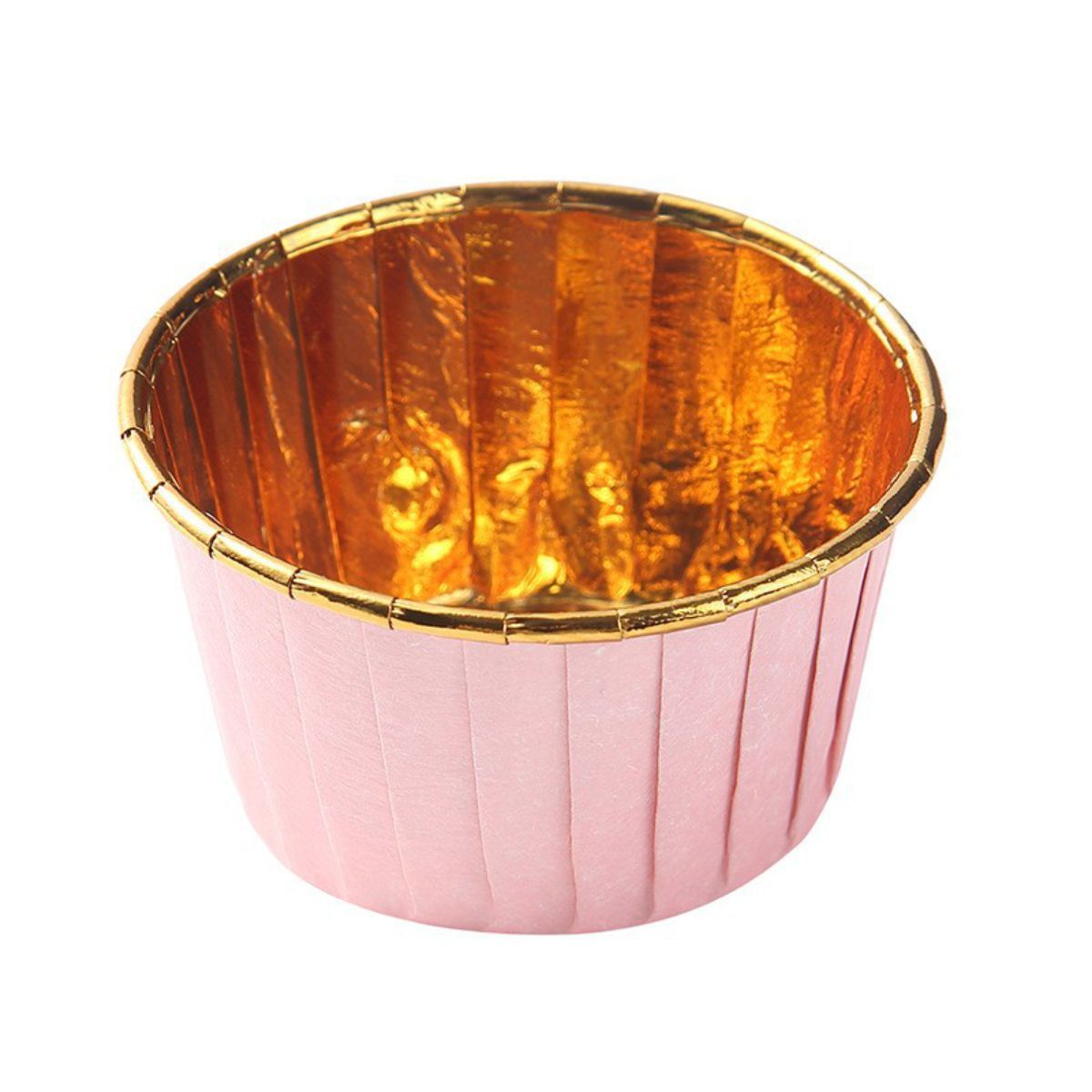 Set de 50 de forme de hârtie roz-aurii pentru muffin și cupcakes. Dimensiuni 5 × 3,8 × 3 cm. Elegante, rezistente și potrivite pentru cuptor.