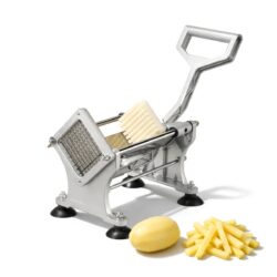 Tăietor manual pentru fructe și legume – cartofi pai cu 4 accesorii de 6/7/9/14 mm, acționare cu pârghie fără electricitate, dimensiuni 31×29×22,5 cm.
