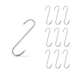 Set de 10 cârlige pentru afumat, din oțel inoxidabil 304. Grosime 3 mm, lungime 12 cm, potrivite pentru carne, pește sau cârnați. Ideale pentru afumat de casă și profesional.