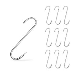 Cârlige pentru afumat din oțel inoxidabil, lungime 13,5 cm, grosime 3 mm. Cârlige ascuțite, ideale pentru agățarea cărnii, peștelui, cârnaților sau altor alimente.