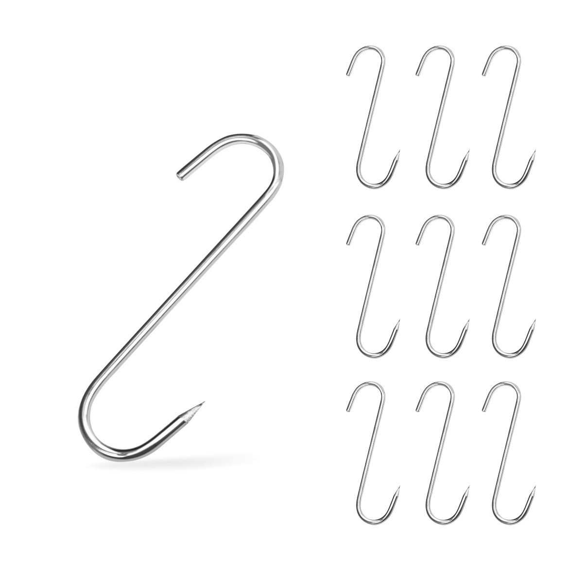 Cârlige pentru afumat din oțel inoxidabil, lungime 13,5 cm, grosime 3 mm. Cârlige ascuțite, ideale pentru agățarea cărnii, peștelui, cârnaților sau altor alimente.
