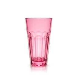 Pahar înalt roz din sticlă Alva 250 ml, cu model în relief la bază.