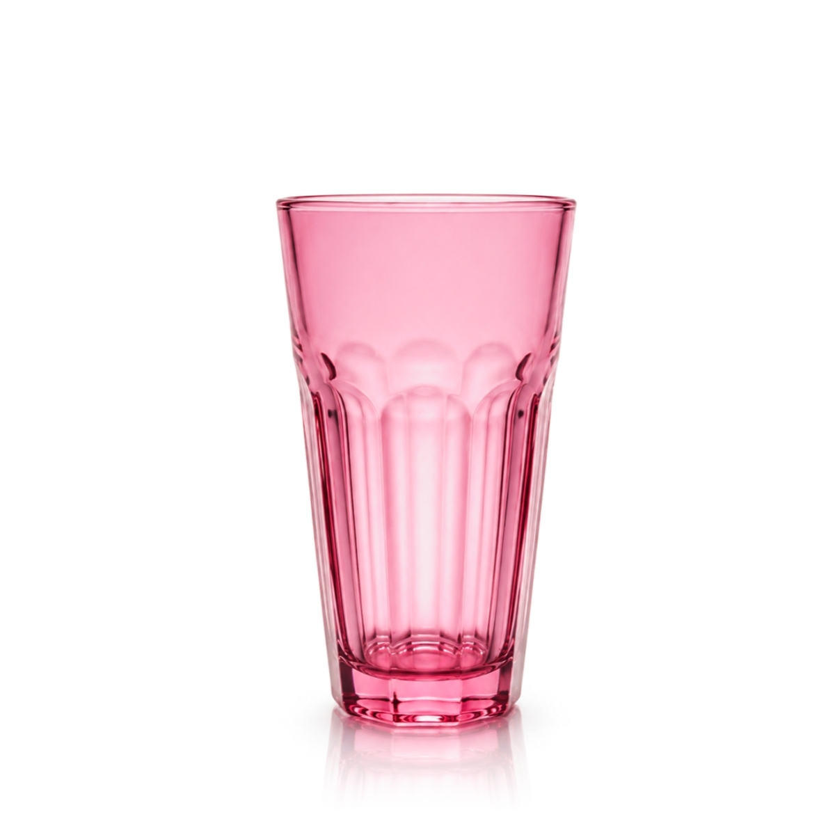 Pahar înalt roz din sticlă Alva 250 ml, cu model în relief la bază.