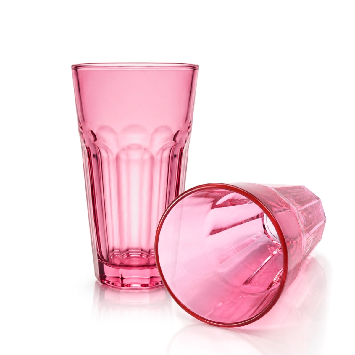Pahar înalt roz din sticlă Alva 250 ml, cu model în relief la bază.