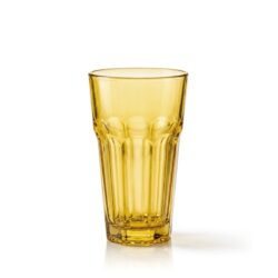 Pahar înalt galben din sticlă pentru apă, 250 ml, cu model în relief.