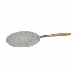 Spatulă rotundă perforată pentru pizza din aluminiu, cu mâner din inox și lemn.
