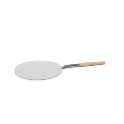 Lopată de pizza ușoară, rotundă, din aluminiu, cu mâner lung din lemn.
