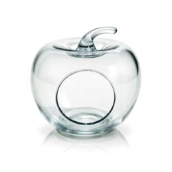 Vază decorativă transparentă din sticlă, formă de măr, cu deschidere laterală, 17 cm, pentru aranjamente.