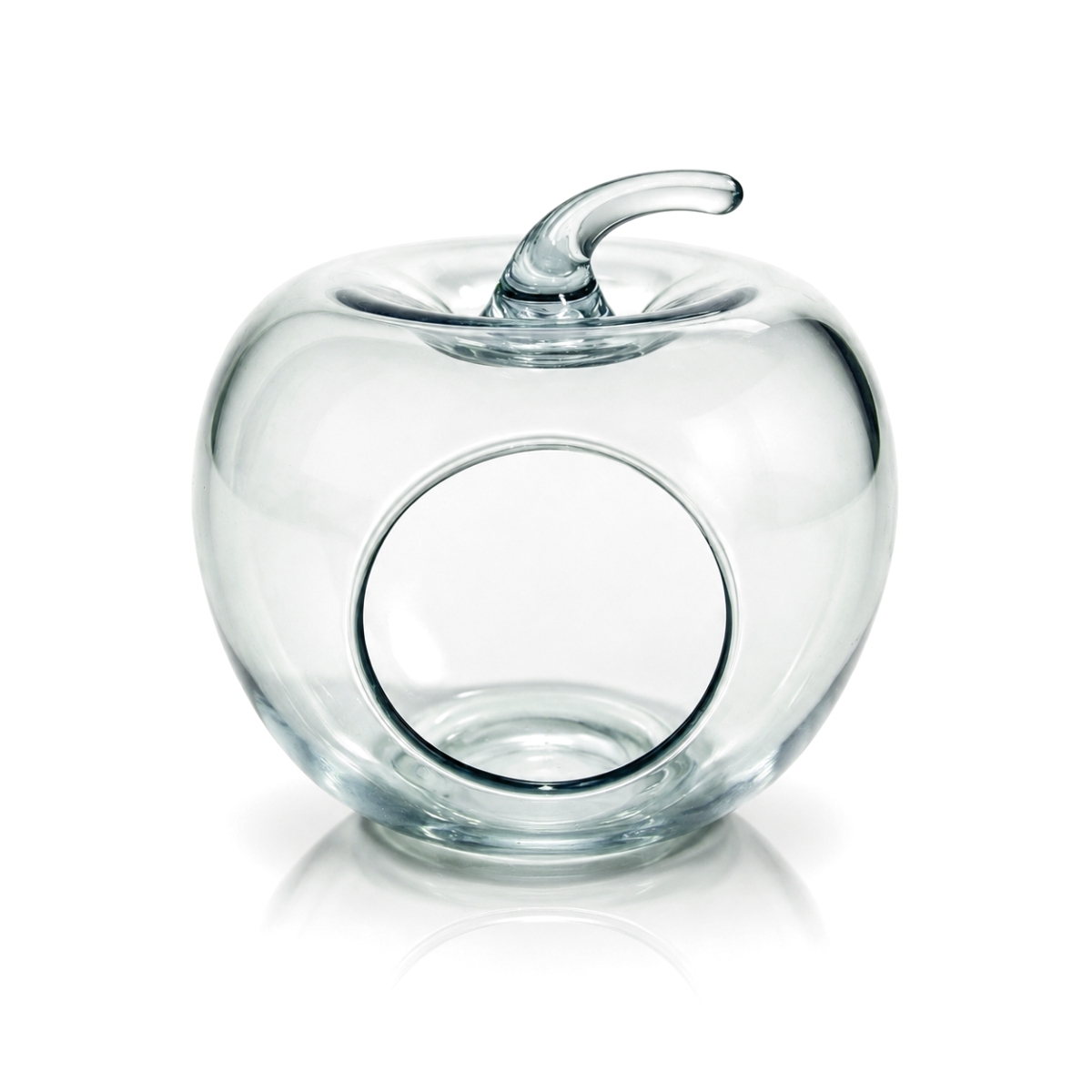 Vază decorativă transparentă din sticlă, formă de măr, cu deschidere laterală, 17 cm, pentru aranjamente.
