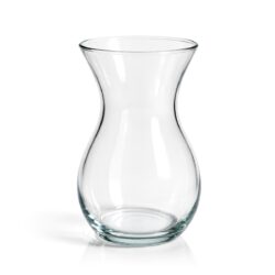 Vază transparentă din sticlă, cu formă elegantă, gât îngustat și bază stabilă, înălțime 18 cm.