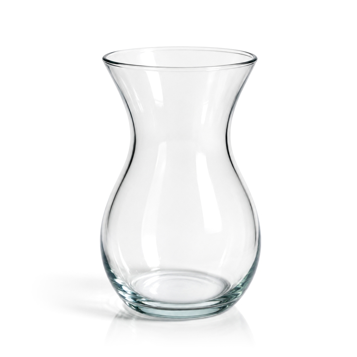Vază transparentă din sticlă, cu formă elegantă, gât îngustat și bază stabilă, înălțime 18 cm.