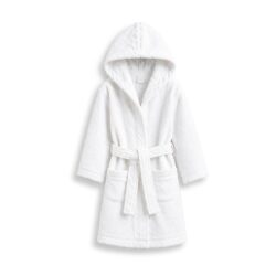 Halat de baie alb pentru copii, din frotir cu glugă și cordon, 100% bumbac.
