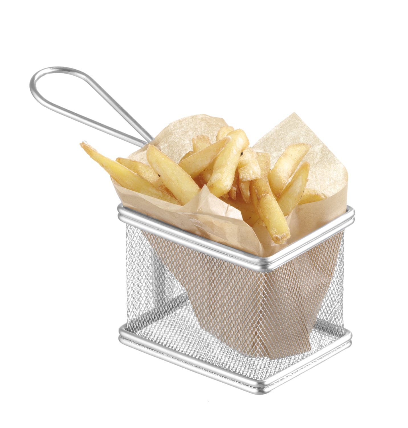 Coș dreptunghiular din inox pentru gustări prăjite, 80x95 mm.