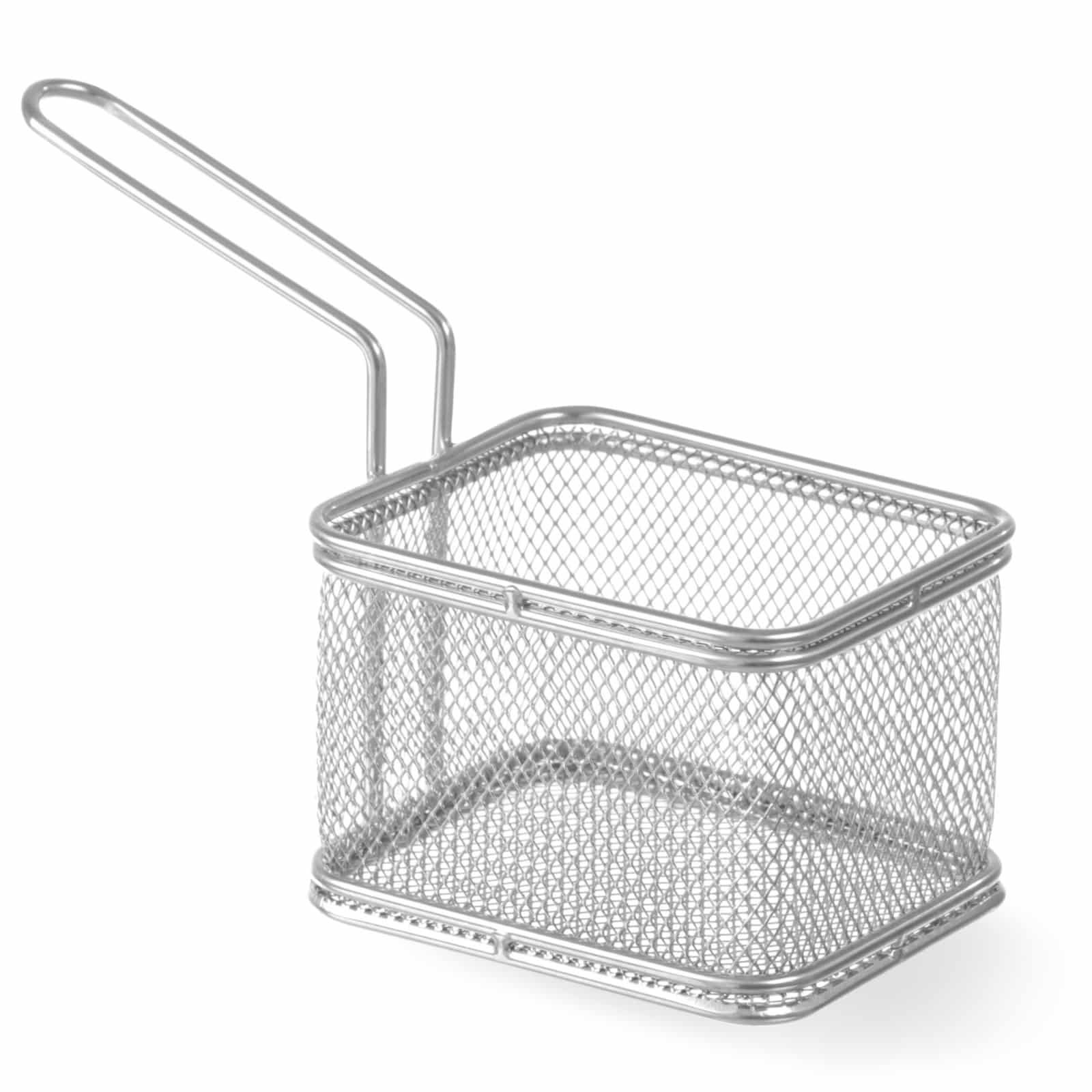 Coș dreptunghiular din inox pentru gustări prăjite, 80x95 mm.