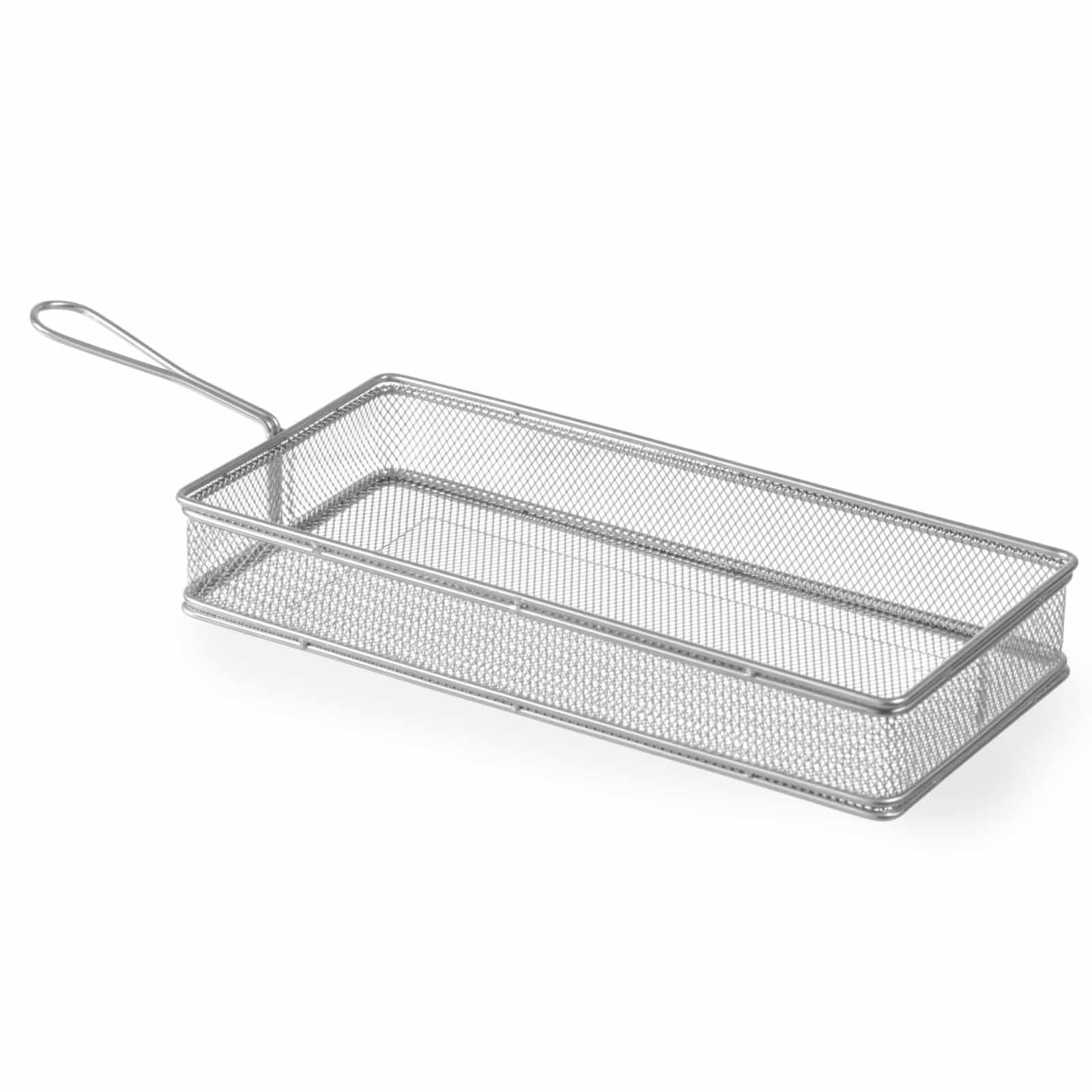 Coș dreptunghiular din inox pentru gustări prăjite, 275x130 mm.