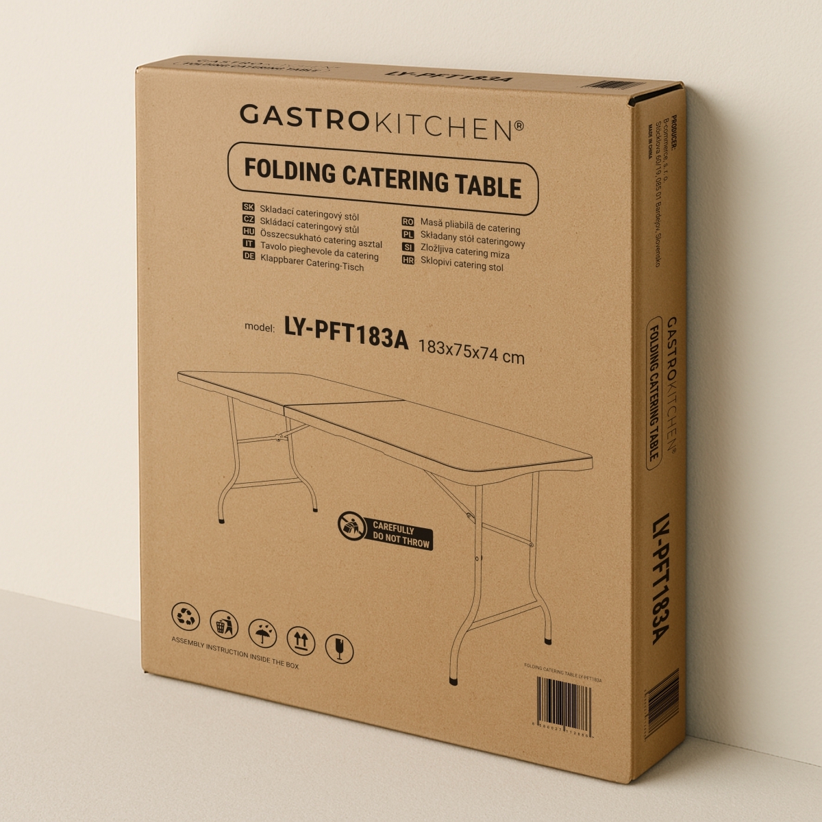 Masă pliantă pentru catering, 183×75×74 cm, din polietilenă rezistentă. Potrivită pentru interior și exterior, ușor de pliat și de transportat.