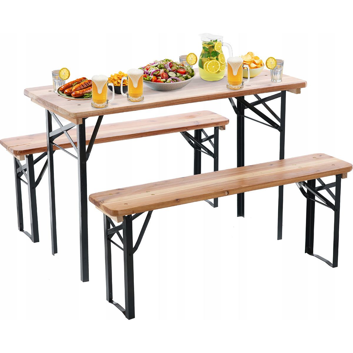 Setul pliant de grădină Garden Line - 117 cm - masă + 2 bănci este o soluție practică pentru șezut în grădină, pe terasă sau la evenimente exterioare mai mici.️