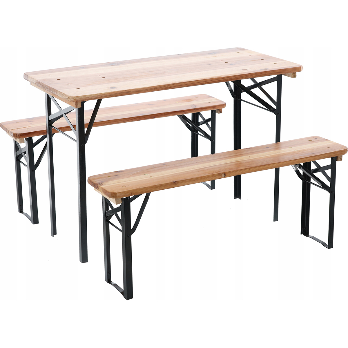 Setul pliant de grădină Garden Line - 117 cm - masă + 2 bănci este o soluție practică pentru șezut în grădină, pe terasă sau la evenimente exterioare mai mici.️