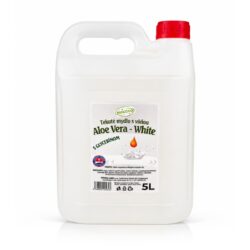 Săpun lichid delicat Aloe Vera, alb sidefat, în canistră de plastic de 5 litri, cu capac roșu.