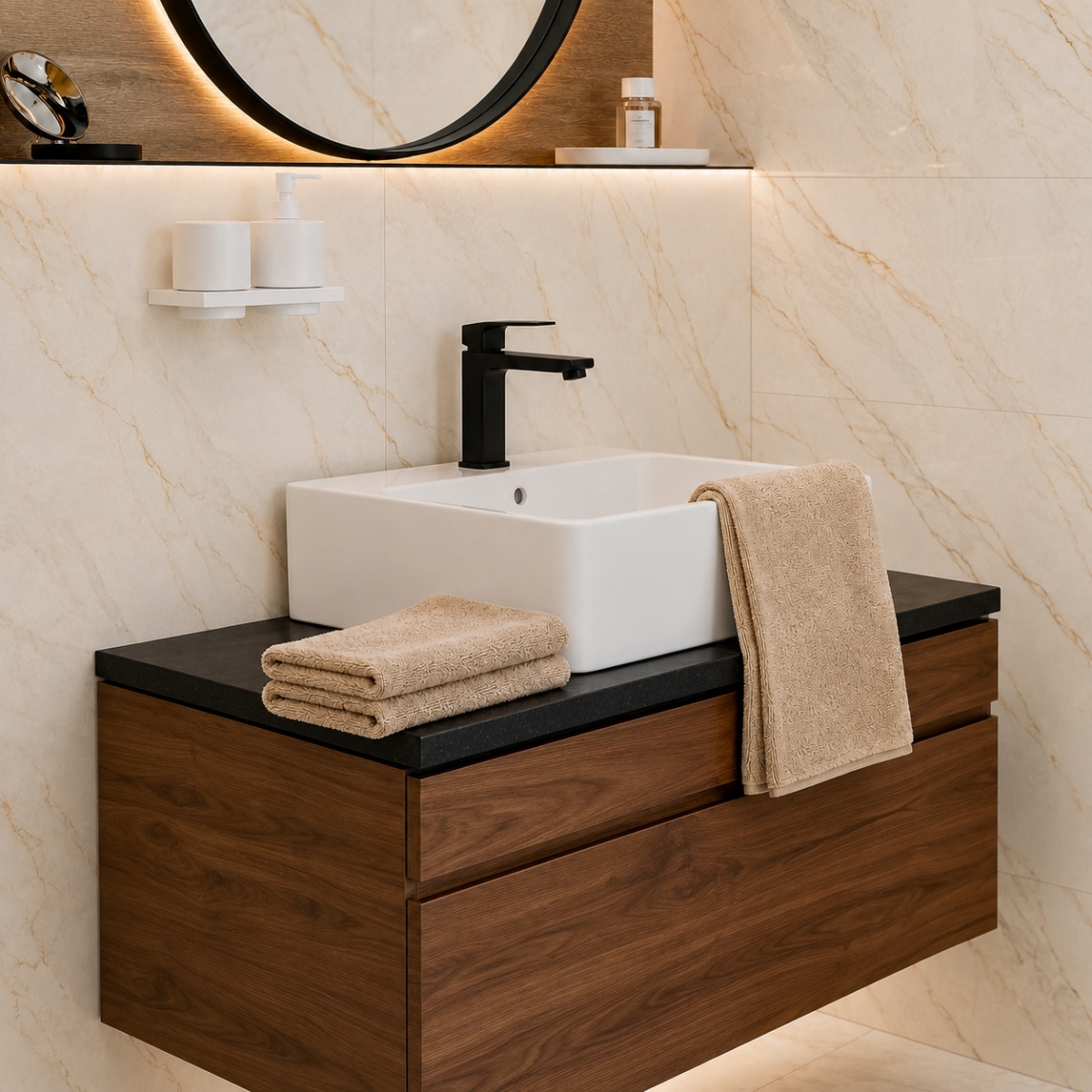 Prosop frotir bej din bumbac de calitate, împăturit, pentru hoteluri și wellness.