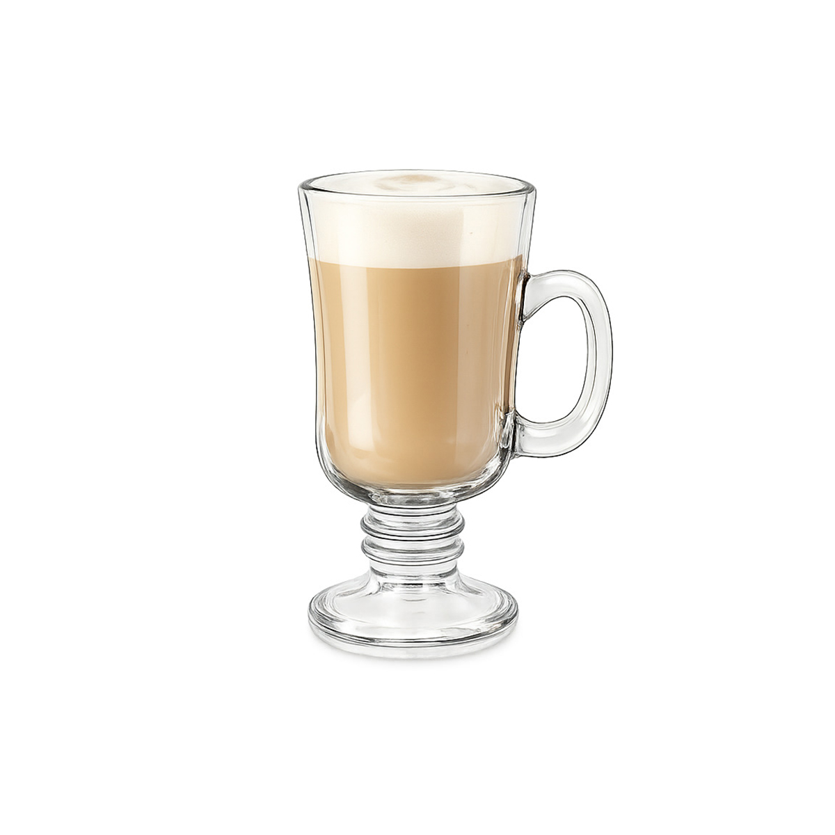 Pahar transparent din sticlă pentru Irish Coffee, cu mâner, capacitate de 250 ml și bază circulară stabilă.