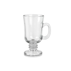 Pahar transparent din sticlă pentru Irish Coffee, cu mâner, capacitate de 250 ml și bază circulară stabilă.