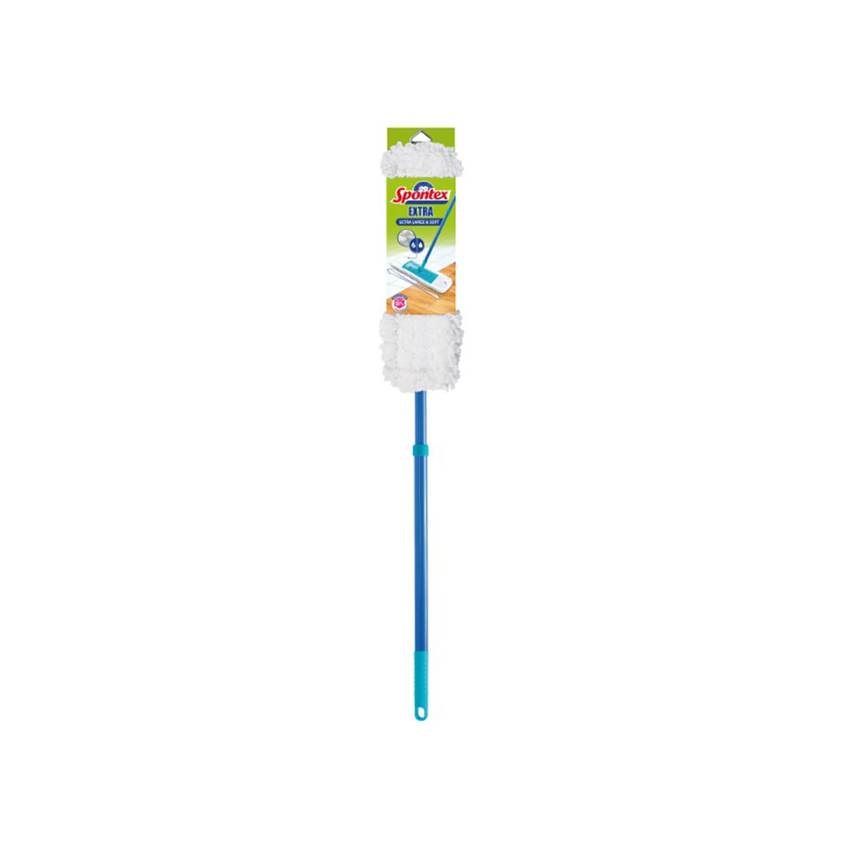 Mop plat alb Spontex Extra din microfibră, cu mâner telescopic albastru, set complet.
