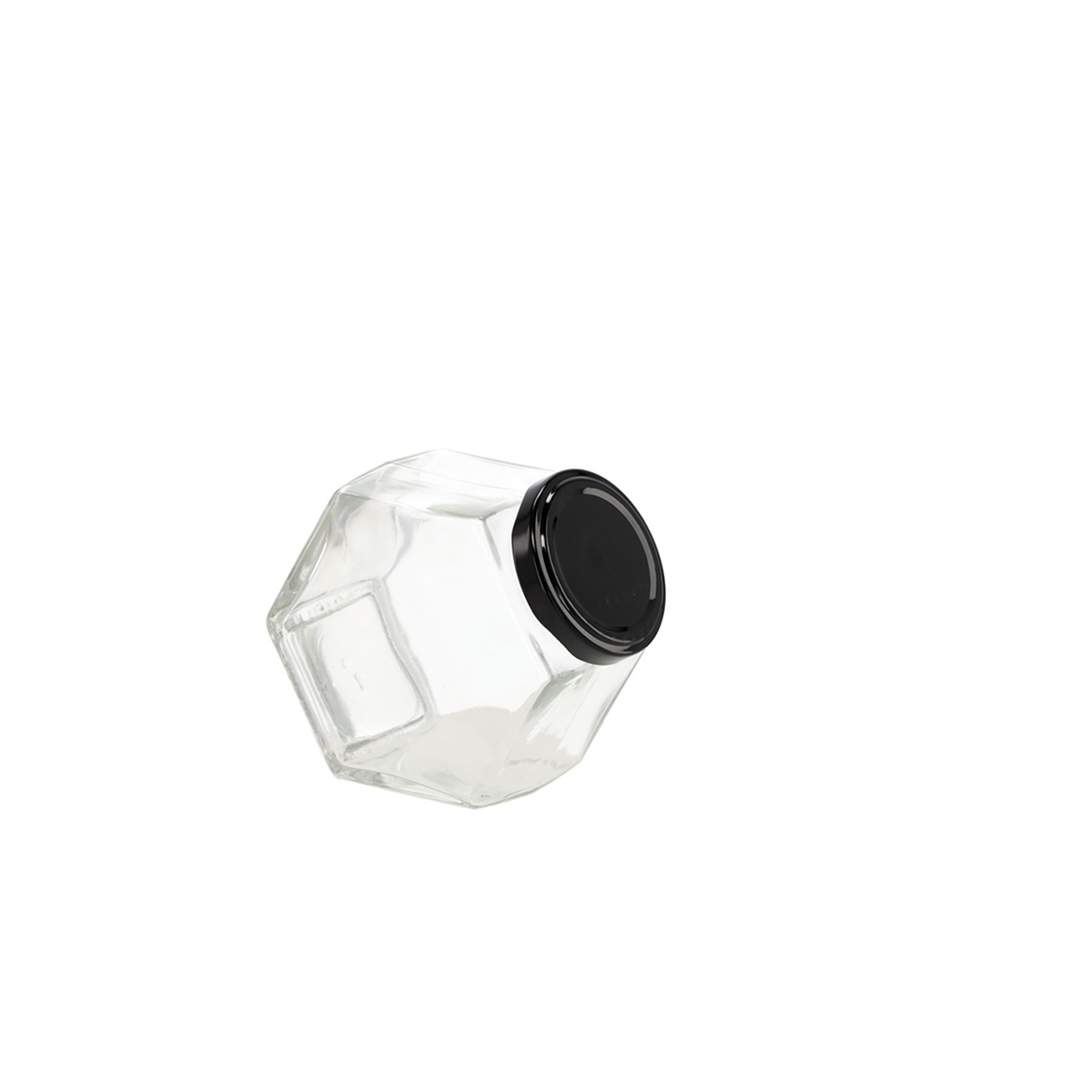 RBorcan hexagonal din sticlă 100 ml cu capac negru pentru conserve sau depozitare.