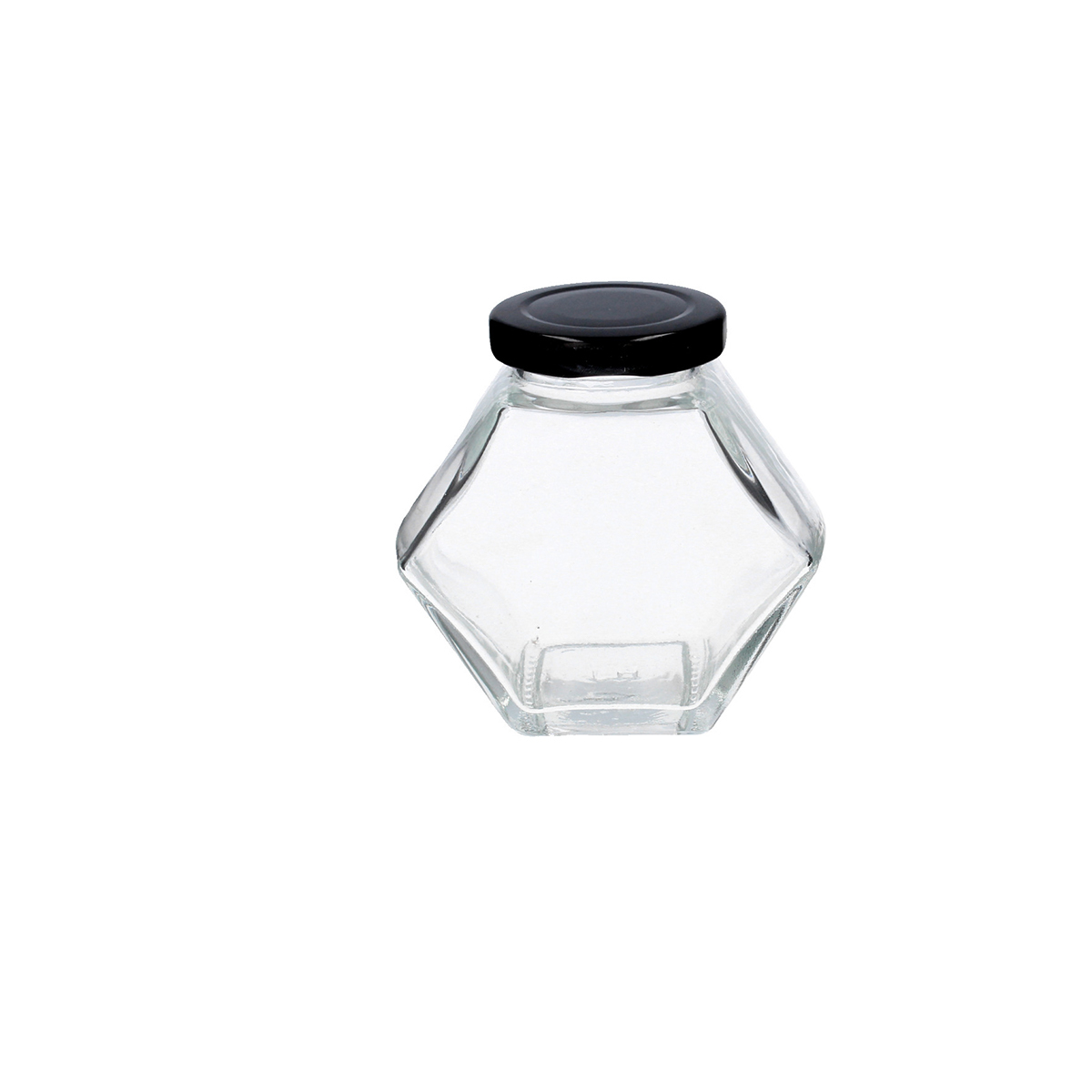 Borcan hexagonal din sticlă 100 ml cu capac negru pentru conserve sau depozitare.