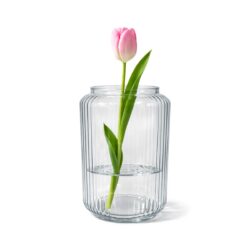 Vază elegantă din sticlă transparentă, Ø 11 × 20 cm, cu caneluri fine. Pentru flori tăiate și decorațiuni, ideală pentru masă, bar sau recepție.