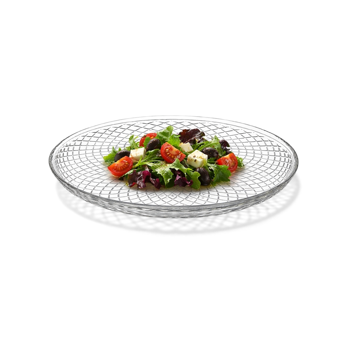 Farfurie de servire din sticlă transparentă, Ø 30 cm, elegantă, destinată servirii deserturilor, prăjiturilor, fructelor și gustărilor.