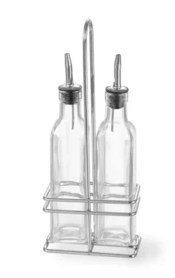 Set sticle pentru ulei și oțet - 2 x 0,237 L | Hendi 460245 Setul de sticle pentru ulei și oțet - 2 x 0,237 L | Hendi 460245 oferă 2 sticle pentru oțet/ulei de măsline, cu robinet din oțel inoxidabil și mâner cromat.