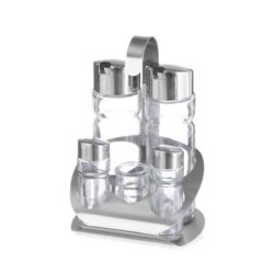 Set condimente - 5 piese | Hendi 465363 Setul de condimente - 5 piese | Hendi 465363 este un set alcătuit dintr-un recipient pentru sare, unul pentru piper, unul pentru oțet, unul pentru ulei de măsline și unul pentru scobitori.