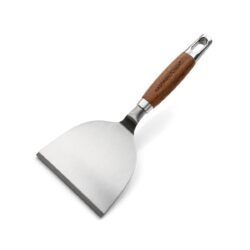 Spatulă de grătar din oțel inoxidabil 430 cu mâner din lemn și orificiu de agățare.
