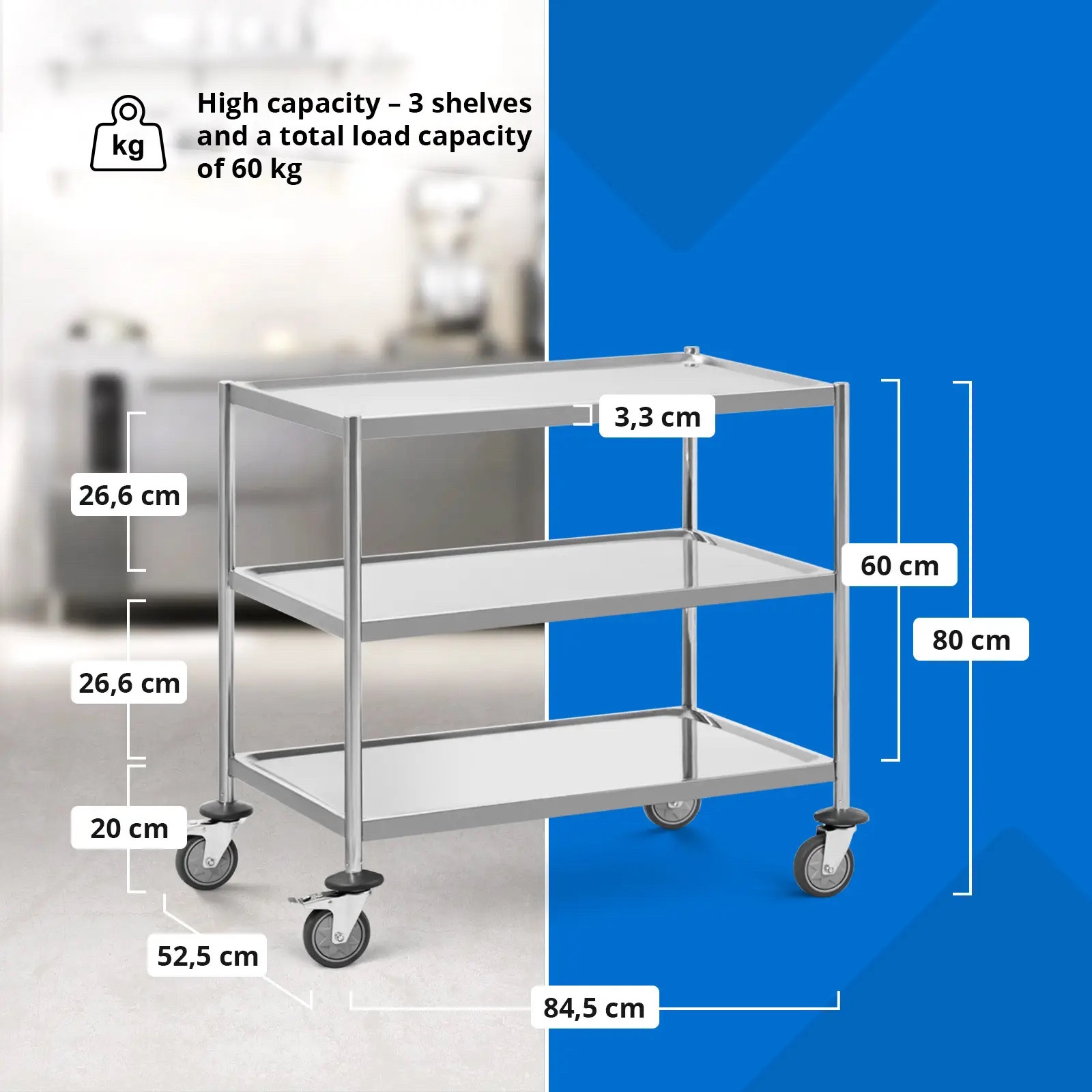 Cărucior de servire - 3 polițe - 84,5 x 52,5 cm - 300 kg - oțel inoxidabil