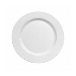 Farfurie albă rotundă plată pentru hotel, din porțelan cu pereți groși, diametru 26,9 cm.
