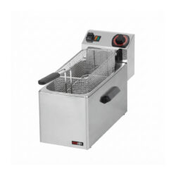 Friteuză electrică argintie din oțel inoxidabil Red Fox 8l cu coș și mânere negre.
